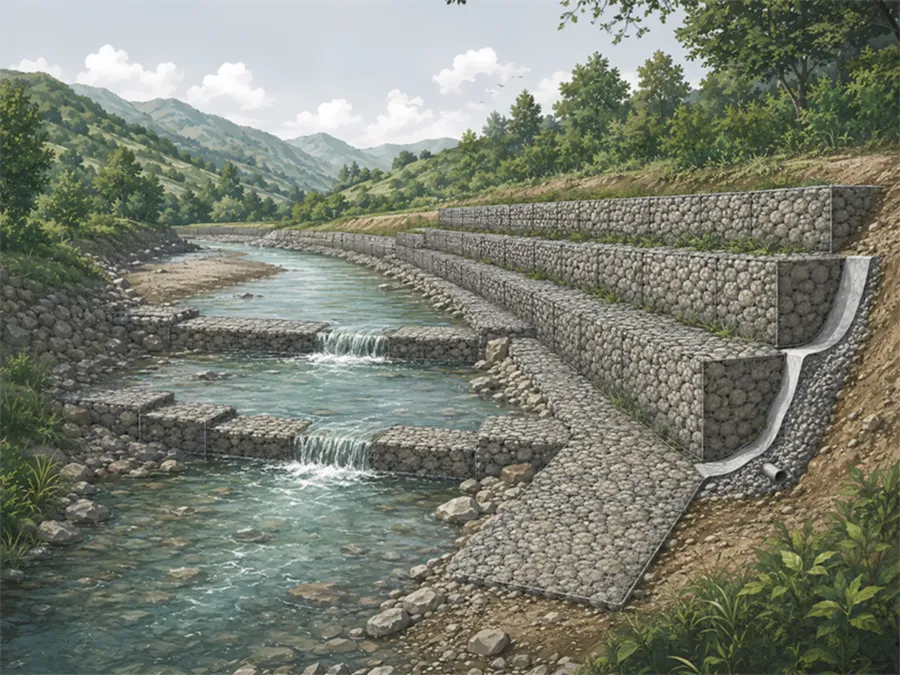 Dere yatağı ıslahında gabion sepet ve taş tahkimat uygulaması