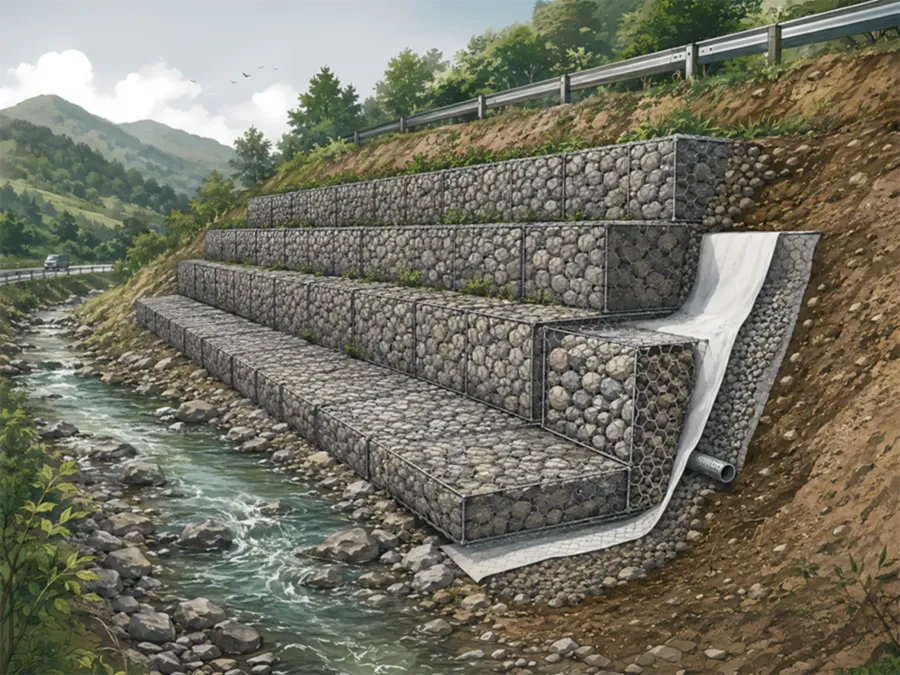 Erozyon kontrolünde gabion sepet ve taş dolgu şev uygulaması