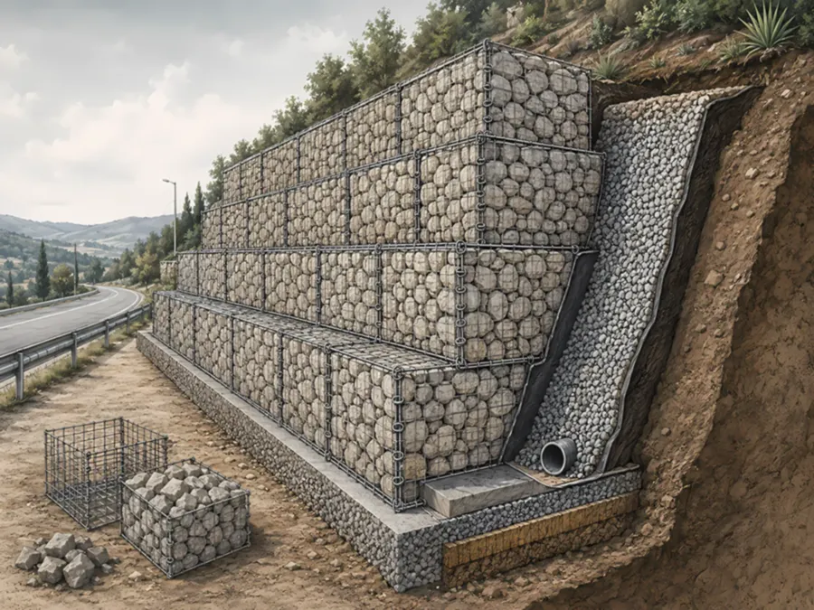 Taş dolgu gabion sepetlerle yapılmış istinat duvarı