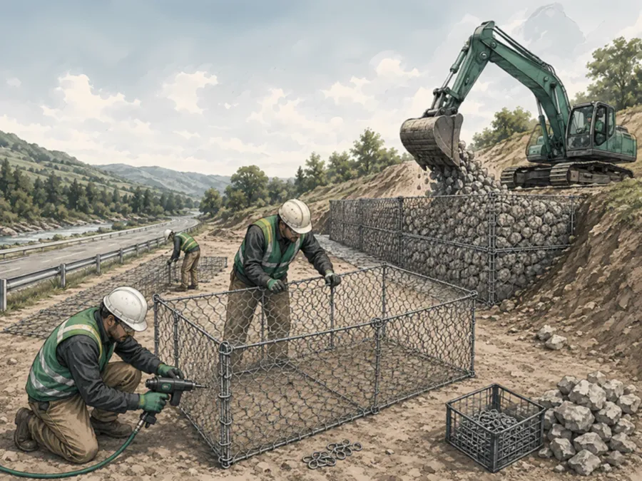 Gabion sepet bağlantısında C Ring ve havalı C Ring aleti kullanımı