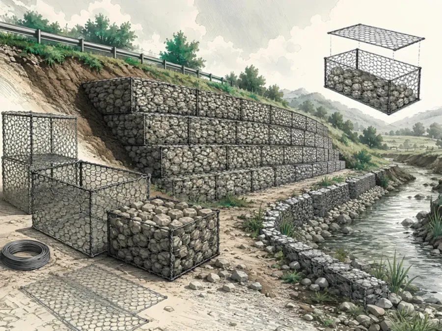 Taş dolgu gabion sepet ve tel kafes sistemi