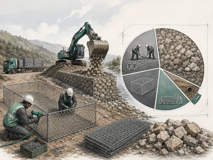 Gabion uygulamasında taş dolgu, tel kafes, işçilik ve C Ring bağlantı maliyetleri