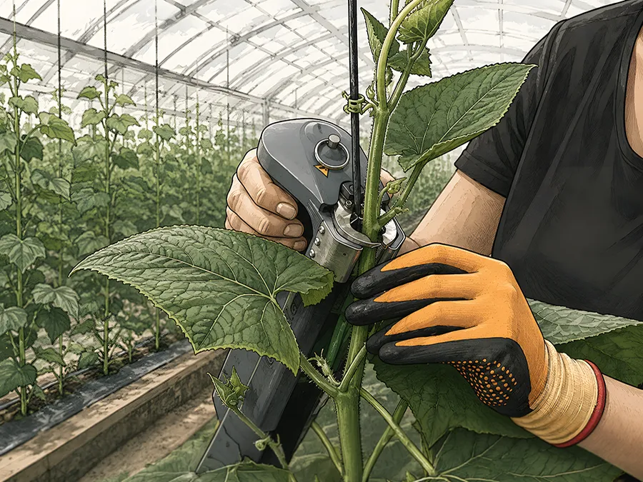TOMSystem ile sera bitkisinin ipe metal klipsle bağlanması